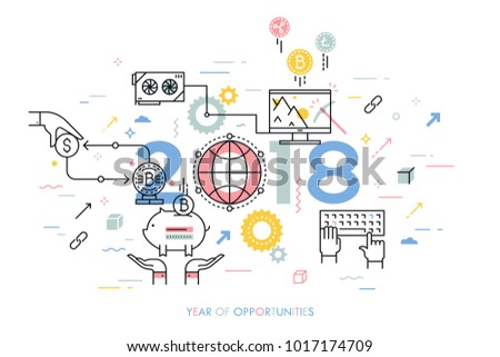 Infographic concept, 2018 - year of opportunities. New trends, prospects and predictions in bitcoin mining, storage and exchange on crypto currency market. Vector illustration in thin line style.