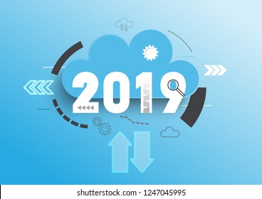 Infographic concept 2019 year. Hot trends, prospects in cloud computing services and technologies, big data storage, communication. Vector illustration.