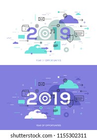 Infographic concept, 2019 - year of opportunities. Trends and perspectives in cloud computing services and technologies, big data storage and transfer. Creative vector illustration for web banner.