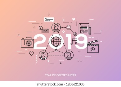 Infographic concept 2019 year of opportunities. New trends and prospects in global communication, online networking, social media, internet content sharing. Vector illustration in thin line style.