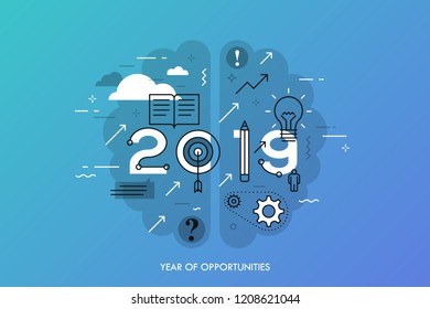 Infographic concept 2019 year of opportunities. New hot trends and prospects in education, global learning, idea generation, self-improvement techniques. Vector illustration in thin line style.