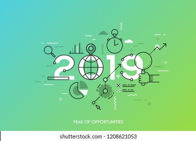 Infographic concept 2019 year of opportunities. New global trends and perspectives in online search, internet tools for business and project management. Vector illustration in thin line style.