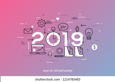 Infographic concept, 2019 - year of opportunities. New trends and prospects in business development, office work, time management, profit growth strategies. Vector illustration in thin line style.