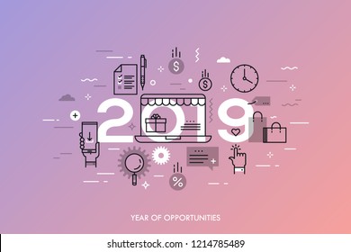 Infographic concept, 2019 - year of opportunities. New plans and predictions in online shopping, electronic commerce, internet retailers, sales, discounts. Vector illustration in thin line style.