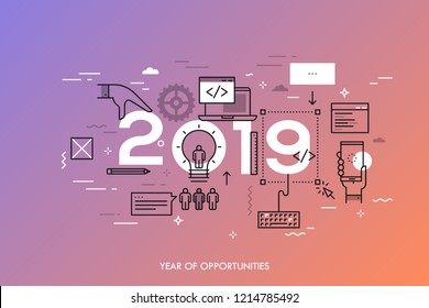 Infographic concept, 2019 - year of opportunities. Trends and prospects in web and mobile applications, software development, program coding, programmer tools. Vector illustration in thin line style.