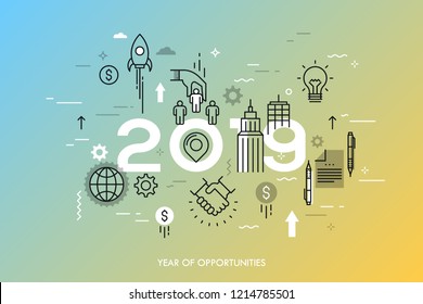 Infographic concept, 2019 - year of opportunities. Trends and prospects in business development and profit growth strategies, deal making, personnel management. Vector illustration in thin line style.