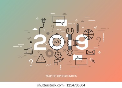 Infographic concept, 2019 - year of opportunities. Trends and prospects in technical support service, response and resolution, solving of user's problems. Vector illustration in thin line style.