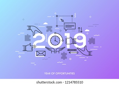 Infographic concept, 2019 - year of opportunities. Trends and perspectives in time management, effective daily planning, coordinated work and cooperation. Vector illustration in thin line style.