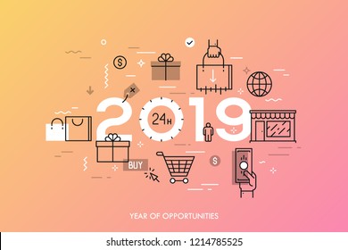 Infographic concept, 2019 - year of opportunities. Trends and prospects in online and offline shopping, electronic retailers, internet shops and discounts. Vector illustration in thin line style.