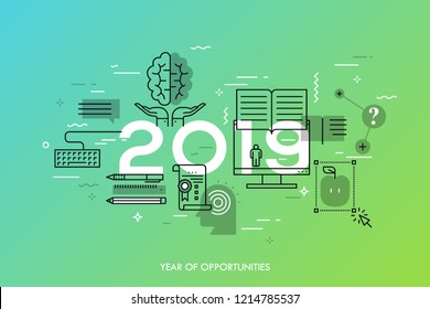 Infographic concept, 2019 - year of opportunities. New prospects and predictions in internet courses, distance education, self-improvement, online training. Vector illustration in thin line style.