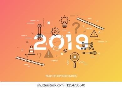 Infographic concept, 2019 - year of opportunities. New trends, plans, prospects and predictions in website repair and maintenance, technical support services. Vector illustration in thin line style.