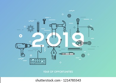 Infographic concept, 2019 - year of opportunities. Plans, trends and prospects in repairs, home remodeling, renovation and improvement, manual work tools. Vector illustration in thin line style.