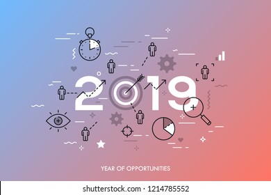 Infographic concept, 2019 - year of opportunities. Plans, trends and prospects in time management, goal setting and achievement, targeting, effective team work. Vector illustration in thin line style.