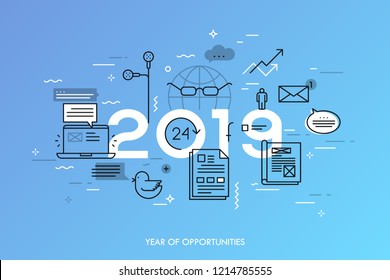 Infographic concept, 2019 - year of opportunities. Hot trends and predictions in global communication, social media, internet blogs, online instant messengers. Vector illustration in thin line style.
