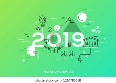 Infographic concept, 2019 - year of opportunities. Trends and predictions in green energy, environmental and eco-friendly technologies, electricity generation. Vector illustration in thin line style.