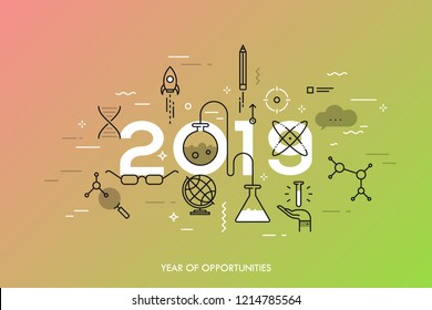 Infographic concept, 2019 - year of opportunities. Trends and predictions in science, education, scientific studies and discoveries, research, development. Vector illustration in thin line style.