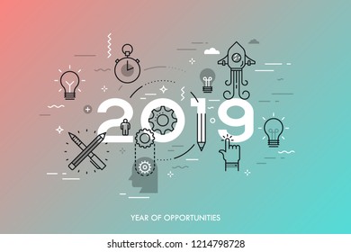 Infographic concept, 2019 - year of opportunities. New trends and predictions in startups, idea generation, innovations, modern thinking. Plans and prospects. Vector illustration in thin line style.