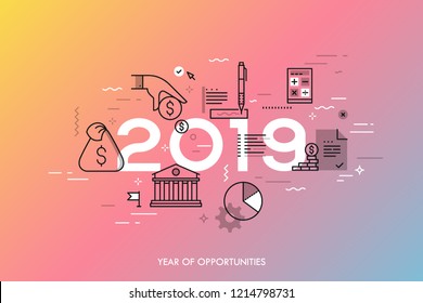 Infographic concept, 2019 - year of opportunities. New hot trends and predictions in economics, budget planning, money saving, tax and credit debt paying off. Vector illustration in thin line style.