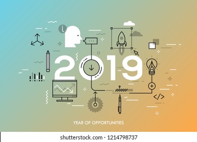 Infographic concept, 2019 - year of opportunities. Hot trends and prospects in idea creation, innovative activities, startup launch, development. Vector illustration in thin line style for website.