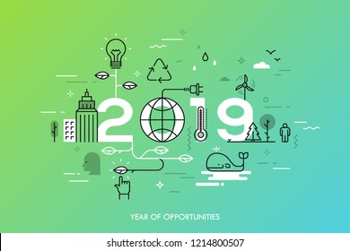 Concepto gráfico 2019 año de oportunidades. Nuevas tendencias y perspectivas en tecnologías ecológicas y ecológicas, ahorro de energía, reciclado ecológico. Ilustración vectorial en estilo de línea delgada.