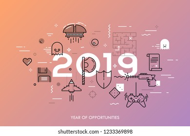 Infographic concept, 2019 - year of opportunities. Hot new trends and prospects in video and tabletop games, online gaming, competitions for gamers. Vector illustration in linear style for poster.