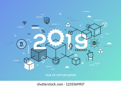 Infographic concept, 2019 - year of opportunities. New trends, plans and perspectives in blockchain technologies, crypto currencies mining, digital assets. Vector illustration in thin line style.