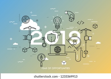 Infographic concept, 2019 - year of opportunities. New trends, plans and perspectives in bitcoin and alternative crypto currencies mining pools, technology. Vector illustration in thin line style.