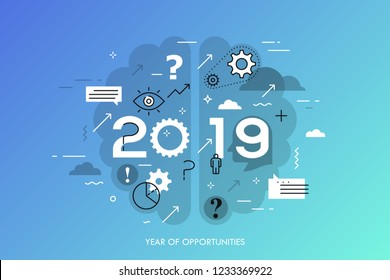 Infographic concept, 2019 - year of opportunities. Trends and perspectives in neuroscience studies, neuroplasticity and creativity research. Vector illustration in thin line style for banner.