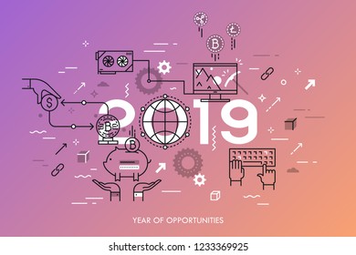 Infographic concept, 2019 - year of opportunities. New trends, prospects and predictions in bitcoin mining, storage and exchange on crypto currency market. Vector illustration in thin line style.