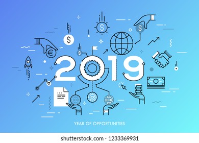 Infographic concept, 2019 - year of opportunities. New trends and predictions in crypto currency market, initial coin offering or ico, bitcoin exchange rate. Vector illustration in thin line style.