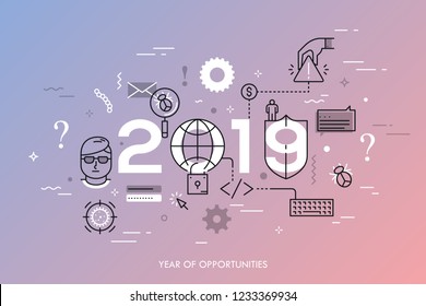 Infographic concept, 2019 - year of opportunities. New trends, prospects and predictions in web security, antivirus protection, internet safety and encryption. Vector illustration in thin line style.