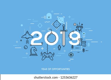 Infographic concept 2019 year of opportunities. New trends and prospects in game development, online gaming, game streaming applications, internet competitions for gamers. Vector illustration.