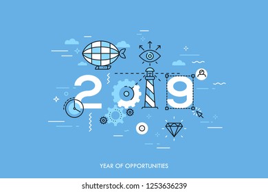 Infographic concept 2019 year of opportunities. Hot trends and perspectives in travel and adventure tourism industry, navigation tools, leisure activities. Vector illustration in thin line style.