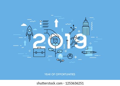 Infographic concept, 2019 - year of opportunities. New trends and prospects in career building, job searching, headhunting, recruitment or employment services. Vector illustration in thin line style.