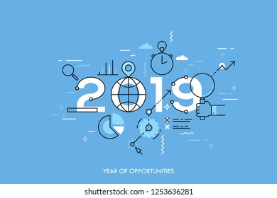 Infographic concept 2019 year of opportunities. New global trends and perspectives in online search, internet tools for business and project management. Vector illustration in thin line style.