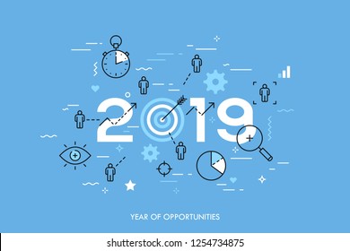 Infographic concept, 2019 - year of opportunities. Plans, trends and prospects in time management, goal setting and achievement, targeting, effective team work. Vector illustration in thin line style.