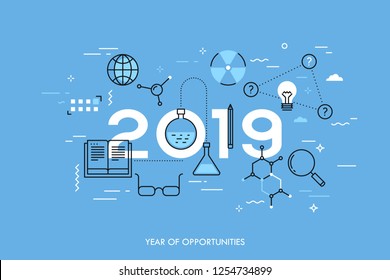 Infographic concept, 2019 - year of opportunities. Plans, trends and expectations in science, education, scientific research and development, higher education. Vector illustration in thin line style.