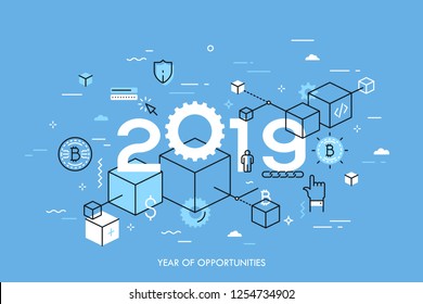 Infographic concept, 2019 - year of opportunities. New trends, plans and perspectives in blockchain technologies, crypto currencies mining, digital assets. Vector illustration in thin line style.