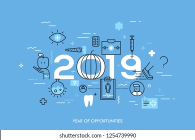 Infographic concept, 2019 - year of opportunities. Plans, trends, predictions and prospects in medicine, healthcare, medical service, healthy lifestyle. Vector illustration in thin line style.