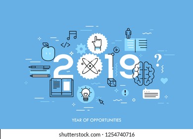 Infographic concept, 2019 - year of opportunities. Trends, prospects and predictions in internet education, distance learning, online educational programs. Vector illustration in thin line style.