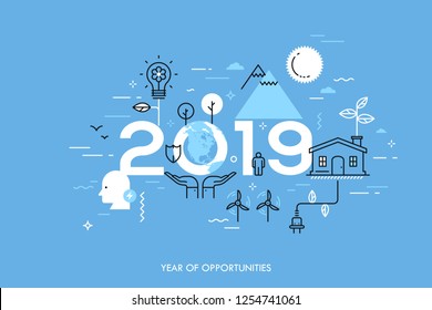 Concepto gráfico, año de oportunidades 2019. Tendencias y predicciones en energía verde, tecnologías ambientales y ecológicas, generación de electricidad. Ilustración vectorial en estilo de línea delgada.