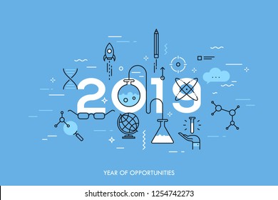 Infographic concept, 2019 - year of opportunities. Trends and predictions in science, education, scientific studies and discoveries, research, development. Vector illustration in thin line style.