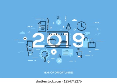 Infographic concept, 2019 - year of opportunities. New plans and predictions in online shopping, electronic commerce, internet retailers, sales, discounts. Vector illustration in thin line style.