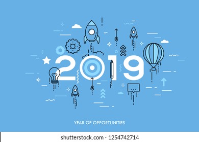 Infographic concept, 2019 - year of opportunities. New trends and expectations in startup launches, business development, profit growth, goal achievement. Vector illustration in thin line style.