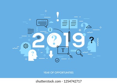 Infographic concept, 2019 - year of opportunities. New trends and predictions in consulting services, business problems solving, client support management. Vector illustration in thin line style.