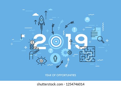 Infographic concept, 2019 - year of opportunities. New trends, prospects and predictions in business challenges, targeting, problem solving. Vector illustration in thin line style for website, banner.
