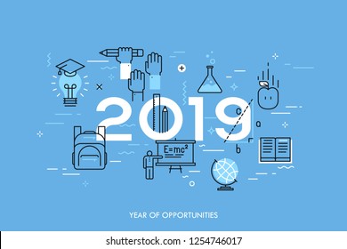 Infographic concept, 2019 - year of opportunities. New trends, prospects and predictions in science, scientific studies, schooling system and higher education. Vector illustration in thin line style.