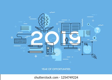 Infographic concept, 2019 - year of opportunities. New prospects and predictions in internet courses, distance education, self-improvement, online training. Vector illustration in thin line style.