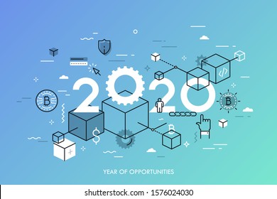 Infographic concept, 2020 - year of opportunities. New trends, plans and perspectives in blockchain technologies, crypto currencies mining, digital assets. Vector illustration in thin line style.