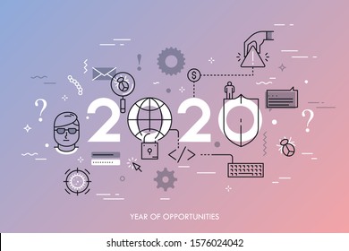 Infographic concept, 2020 - year of opportunities. New trends, prospects and predictions in web security, antivirus protection, internet safety and encryption. Vector illustration in thin line style.